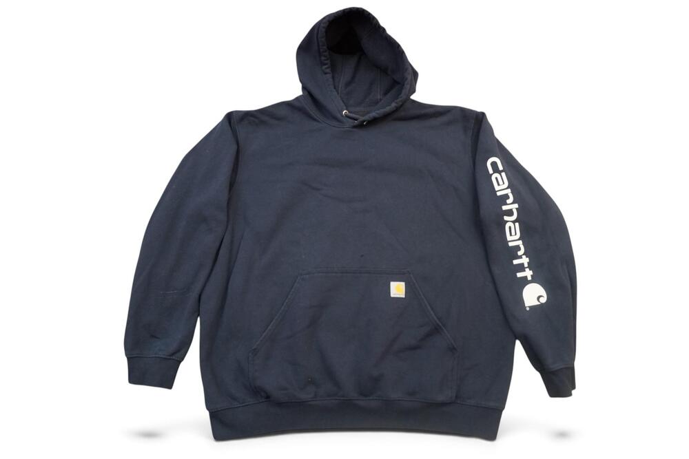 Carhartt Hoodie Mens 2XL Blue Loose Fit Pullover Fleece Sleeve Logo Workwear